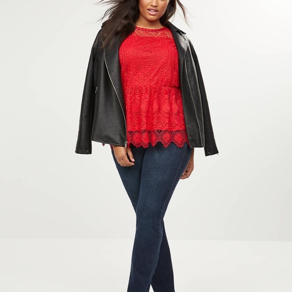 4X 28W Venetian Red Scalloped Lace Peplum Top - Picture 3 of 10